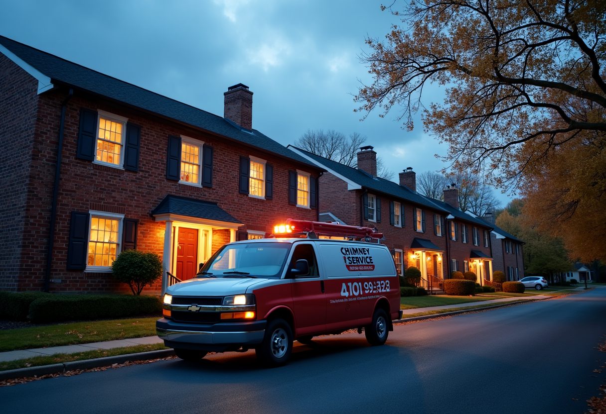 Chimney service van outside brick townhouses at dusk — Leesburg
